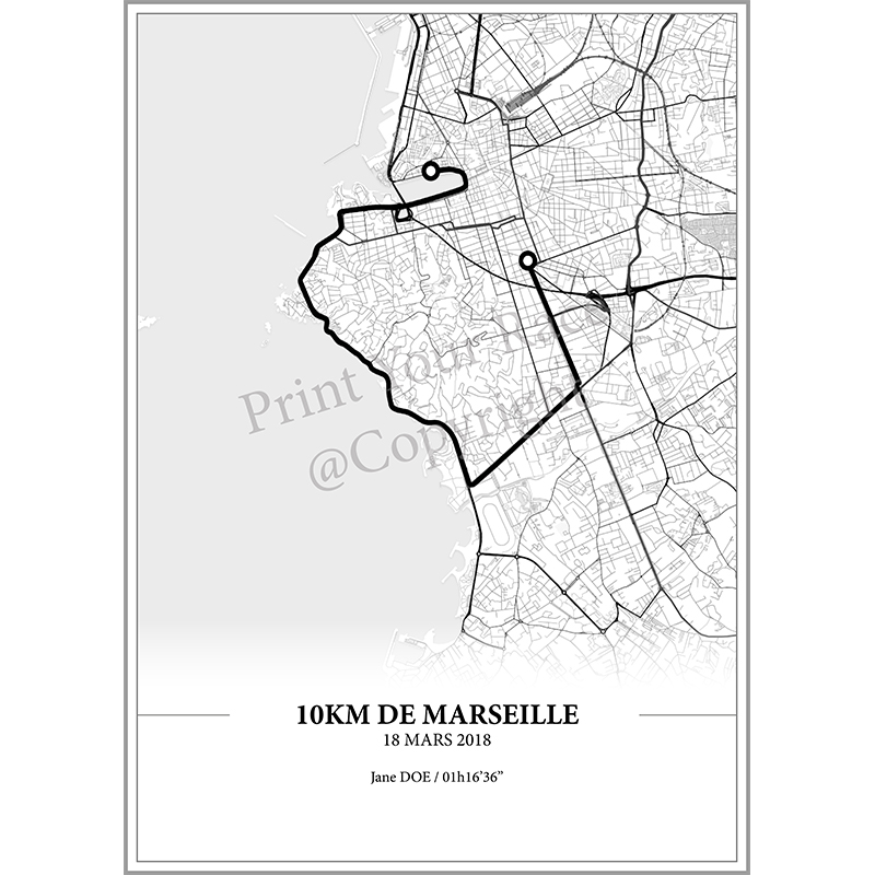 Aperçu de l'affiche réalisée en collaboration avec le cartographe représentant le tracé des 10KM de Marseille 2018
