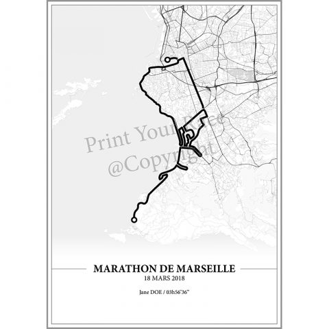 Aperçu de l'affiche réalisée en collaboration avec le cartographe représentant le tracé du marathon de Marseille 2018