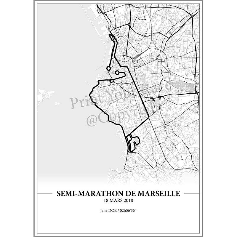 Aperçu de l'affiche réalisée en collaboration avec le cartographe représentant le tracé du semi-marathon de Marseille 2018