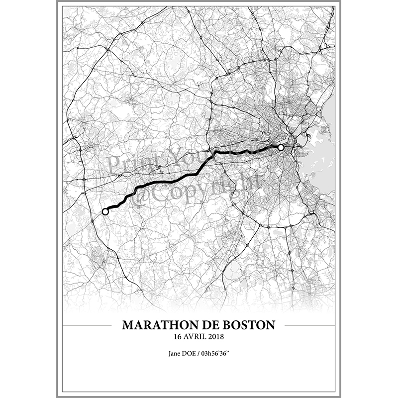Aperçu de l'affiche réalisée en collaboration avec le cartographe représentant le tracé du marathon de Boston 2018