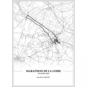 Aperçu de l'affiche réalisée en collaboration avec le cartographe représentant le tracé du marathon de la Loire 2018 par Print Your Race