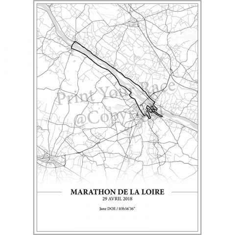 Aperçu de l'affiche réalisée en collaboration avec le cartographe représentant le tracé du marathon de la Loire 2018 par Print Your Race