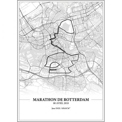 Aperçu de l'affiche réalisée en collaboration avec le cartographe représentant le tracé du marathon de Rotterdam 2018 par Print Your Race