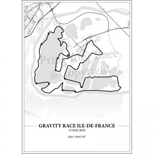Aperçu de l'affiche réalisée en collaboration avec le cartographe représentant le tracé de la Gravity Race d'Ile de France par Print Your Race