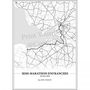 Aperçu de l'affiche réalisée en collaboration avec le cartographe représentant le tracé du semi marathon d'Avranches 2018 par Print Your Race