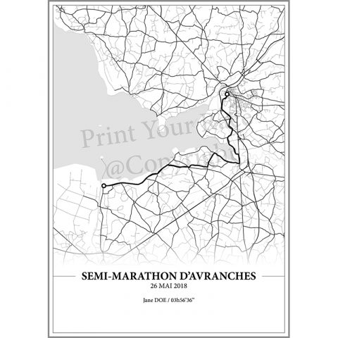 Aperçu de l'affiche réalisée en collaboration avec le cartographe représentant le tracé du semi marathon d'Avranches 2018 par Print Your Race