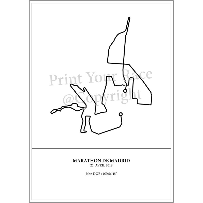 Aperçu de l'affiche représentant le tracé du marathon de Madrid 2018 par Print Your Race